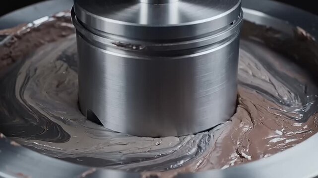 Industrial machine precisely mixing smooth, creamy chocolate for confectionery production