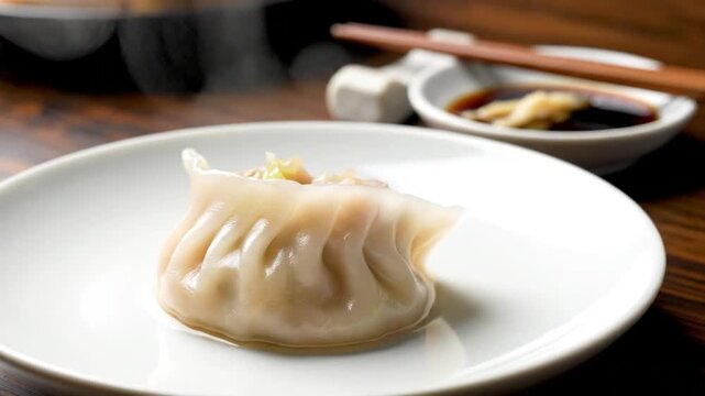 Steaming hot dumpling on white plate with chopsticks and soy sauce
