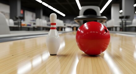 Naklejka premium A red bowling ball and a single white pin on a wooden lane in a modern bowling alley with bright lights.