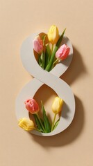 Paper cut number 8 with tulips on pastel background in a modern layout for advertising use