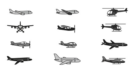 Set of Diverse Aircraft Icons: Airplanes and Helicopters