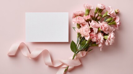 Fresh flowers with a ribbon and a blank card on a simple background ready for Women's Day gifting ideas
