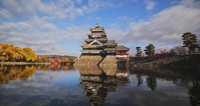 Orange sunrise glow on majestic Matsumoto castle on rippling pond - wide shot