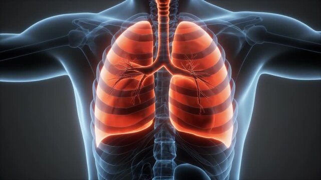 Human body with glowing lungs and ribcage, medical illustration