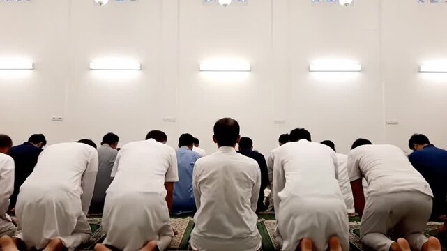Men Praying Together in Mosque.