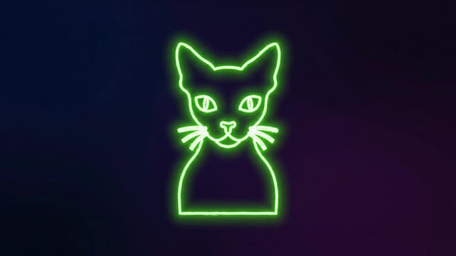 Neon cat head in green glowing outline on dark background