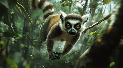 Obraz premium Jungle lemur leaping through lush foliage