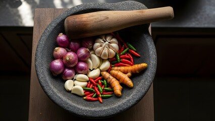 Overhead view of fresh shallots, garlic, chili peppers, and turmeric in a stone mortar with pestle, ready for traditional spice grinding.