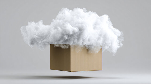A cardboard box levitates surrounded by a large white cloud in a gray environment from a front viewpoint