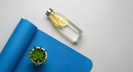 Fitness and wellness concept featuring a blue yoga mat, refreshing lemon water, and a small succulent on a flat lay surface.
