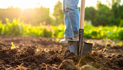 Gardening Scene with Shovel in Soil for Agriculture Branding, Outdoor Lifestyle, and Creative Visual Concepts