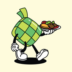 Cartoon Ketupat Character Serving Food. Ketupat Ramadan Retro Mascot Cartoon Character.