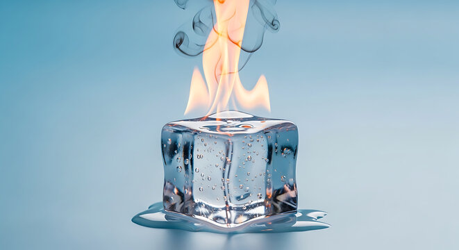 Melting ice cube engulfed in flames, a dramatic and surreal image.