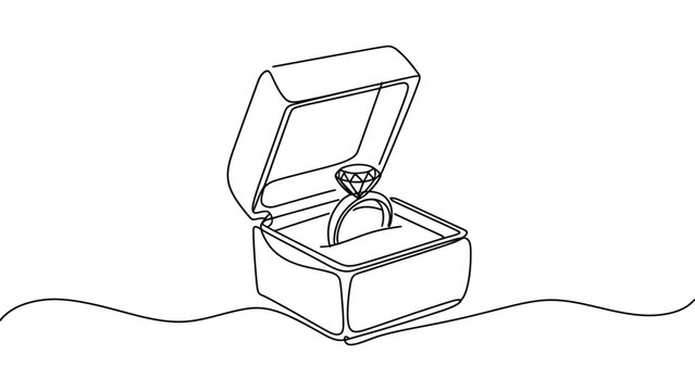 Minimal line art illustration of open jewelry gift box with diamond engagement ring isolated on white background wedding proposal concept