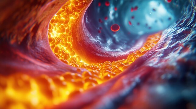 National Triglycerides Day:3D cutaway render of a human artery, smooth glossy inner walls with yellow triglyceride and plaque deposits building up, red blood cells flowing through narrowed passage