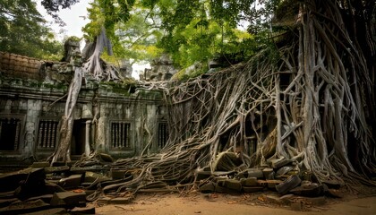 Ta Prohm Temple - Ancient Ruins Embraced by Natures Tenacity in Cambodia.