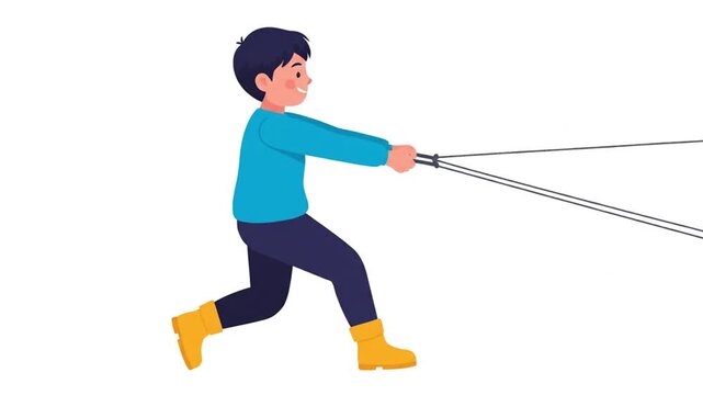 A cartoon-style boy in winter clothing runs forward while pulling ropes, suggesting he is dragging a sled or similar object.