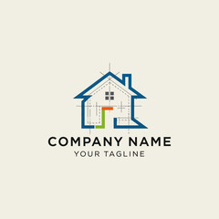 Fototapeta premium Architectural Blueprint House Logo Design with Company Name and Tagline.