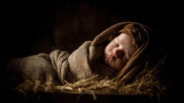 A newborn Jesus resting in a wooden manger packed with straw