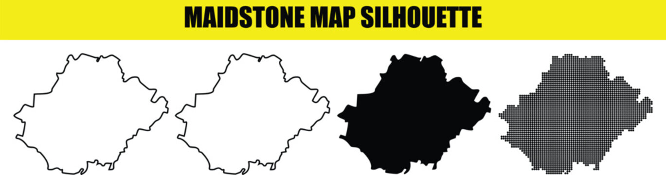 Maidstone map silhouette: comprehensive vector set with clean outline, bold black fill, and sophisticated dotted texture options
