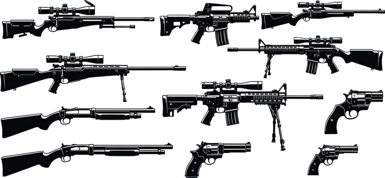 Assault rifle silhouette set, sniper rifle with scope, shotgun, revolver pistol, tactical firearms collection, weapon icons, military gear, hunting, armament