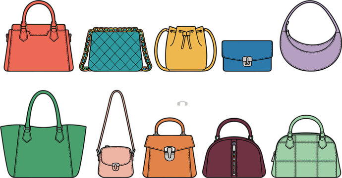 Trendy colorful women handbags collection flat design fashion purses tote backpack clutch accessories vector illustration set