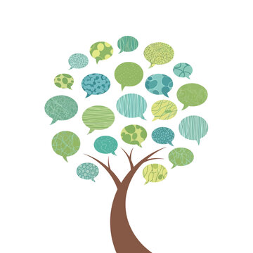 Tree with colorful speech bubbles on branches.