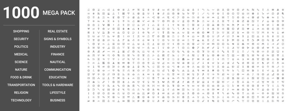 Big set of 1000 thin line web icons such as Food & drink, Business, Nature, Technology, Security, Medical, Real estate, Science, Industry, Education, Transportation, Communication, Finance, Shopping
