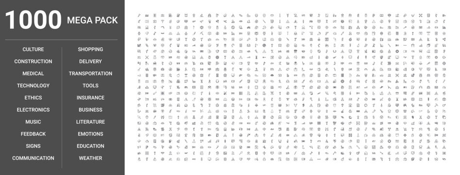 Big set of 1000 thin line web icons such as Business, Communication, Medical, Transportation, Technology, Education, Construction, Shopping, Delivery, Music, Emotions, Signs, Weather, Tools