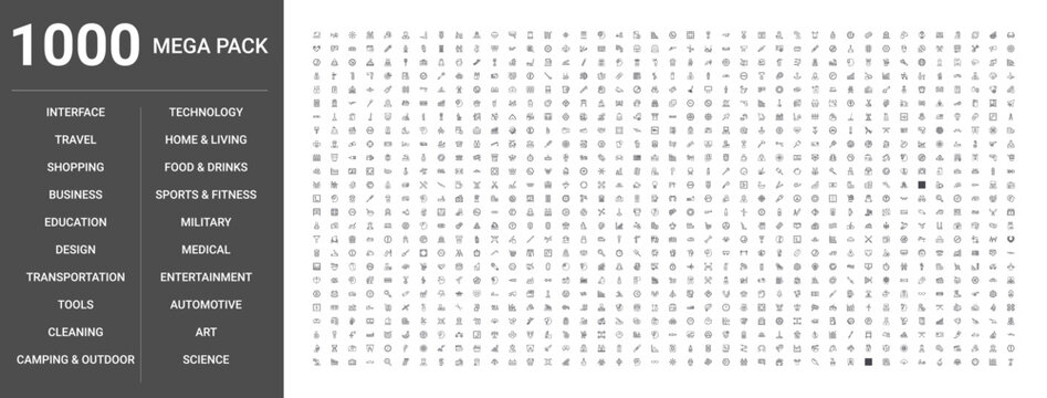 Big set of 1000 thin line web icons such as Food & drinks, Business, Technology, Design, Shopping, Transportation, Medical, Tools, Interface, Education, Entertainment, Home & living, Science, Sports