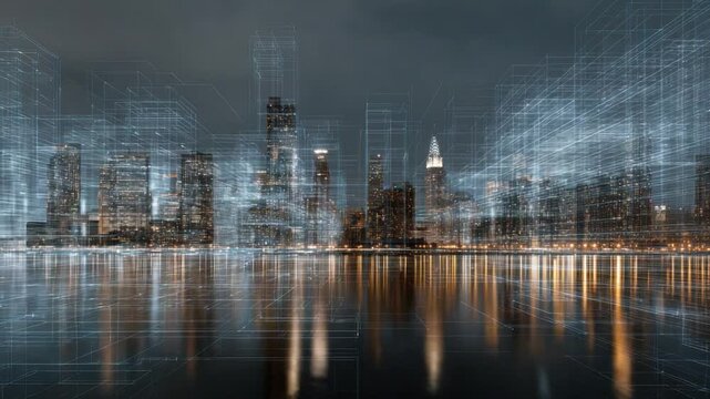 Cityscape and Reflection: A mesmerizing cityscape, its towering structures reflected in the tranquil water below, illuminated by the city lights. An abstract overlay gives an extra modern touch.