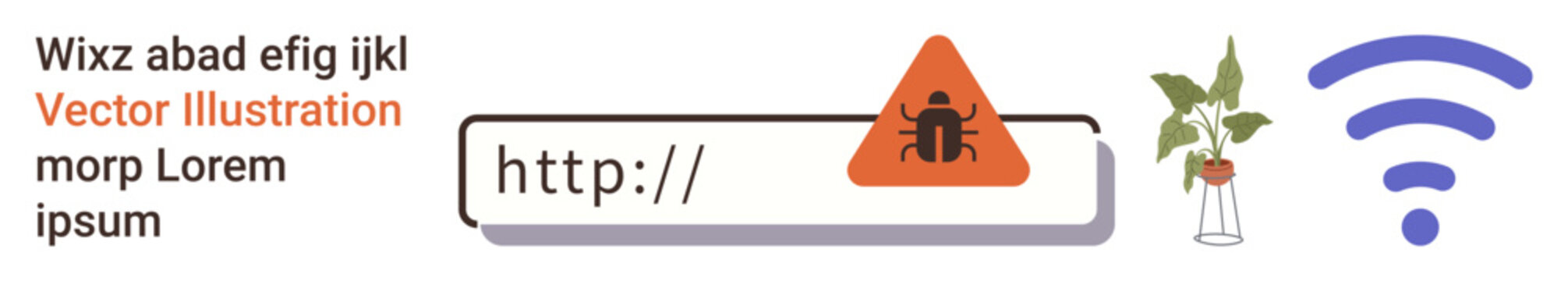 Cybersecurity threats, malware detection, data integrity, online risks, network security, safe browsing. URL bar with malware warning and wireless symbol. Cybersecurity and malware detection concept