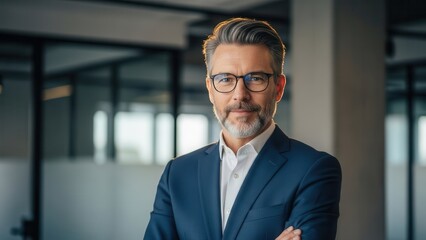 Fototapeta premium Confident Businessman in Blue Suit with Glasses