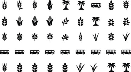Minimal black agriculture icon set, wheat corn palm tree bus symbols, flat vector farming transport pictogram collection isolated white background