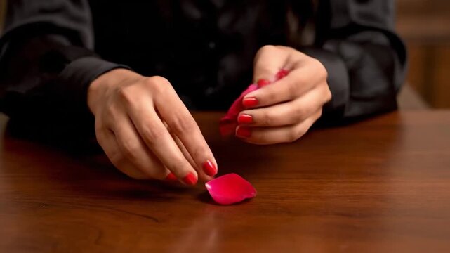 Woman Separating Rose Petals on Wooden Table.