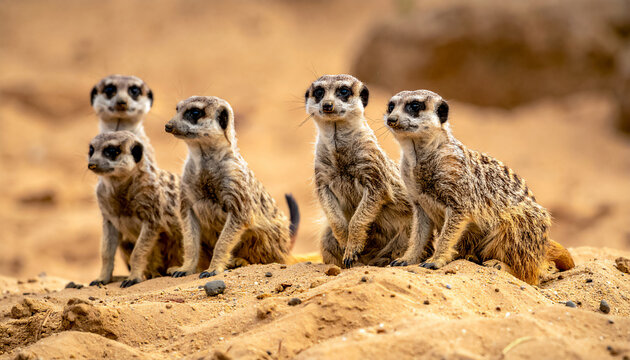 A group of curious meerkats standing alert in the desert sand, illuminated by warm golden sunset light. Concept of teamwork, curiosity, nature, survival, and African wildlife