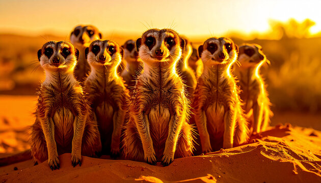 A group of curious meerkats standing alert in the desert sand, illuminated by warm golden sunset light. Concept of teamwork, curiosity, nature, survival, and African wildlife