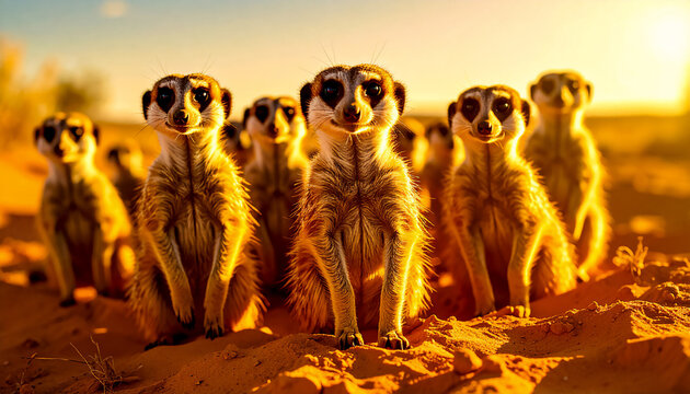 A group of curious meerkats standing alert in the desert sand, illuminated by warm golden sunset light. Concept of teamwork, curiosity, nature, survival, and African wildlife