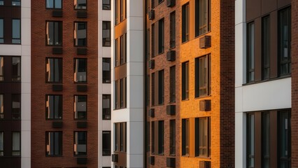 Fototapeta premium Modern Apartment Building Facade with Warm Sunlight