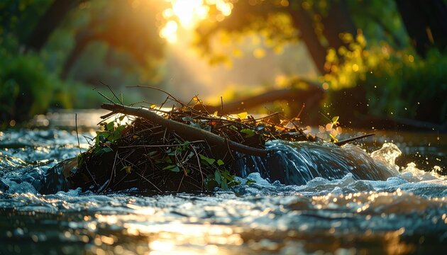 Debris caught on submerged branches, creating temporary dams of detritus, rendered in realistic photography style, highlighting the flowing, dynamic movement of water, from FlyPro Firefly.