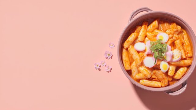 Korean spicy rice cakes Tteokbokki in a pot on pink background with copy space