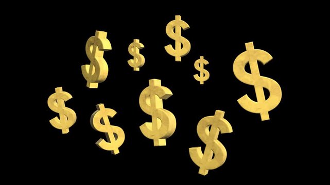 3D dollar signs pop up animation. Gold USD currency symbols flying in space. Financial success and growth, stock market and exchange. Transparent Background, Alpha Channel, MOV, 60 fps.