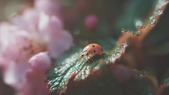Macro shot of a ladybug on a wet green leaf with morning dew and pink flower background