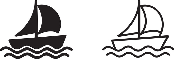 Sailboat icon collection. Includes a solid fill sailboat and an outline sailboat on waves. Created in a minimalist black and white style.