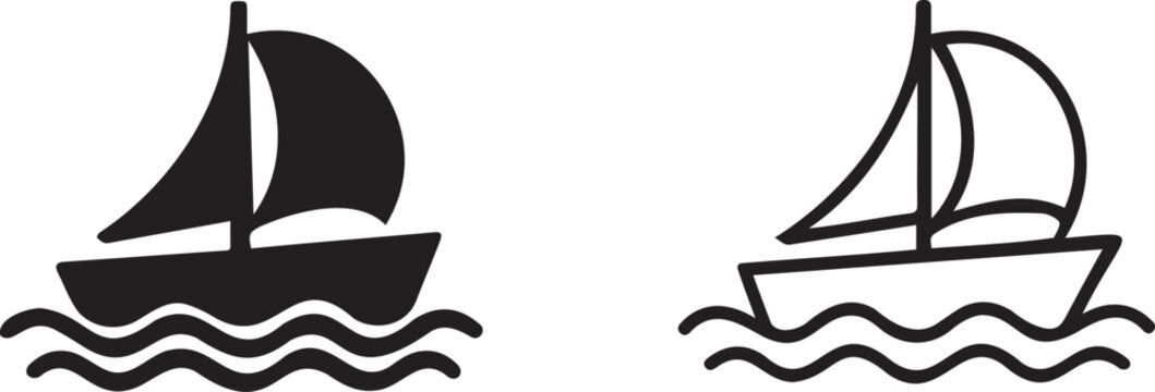 Sailboat icon collection. Includes a solid fill sailboat and an outline sailboat on waves. Created in a minimalist black and white style.
