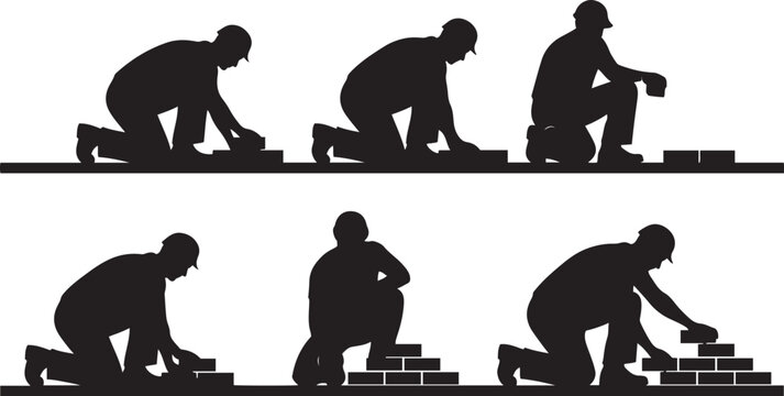 Silhouettes of construction workers building with bricks on white background builder bricklayer masonry