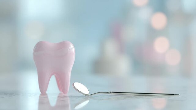 Pink tooth model and dental mirror on a blurred pastel background