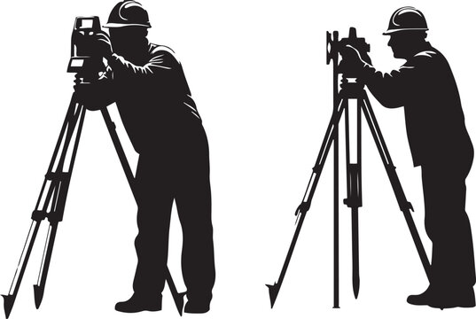 Two surveyors in hard hats using theodolites on tripods surveying construction