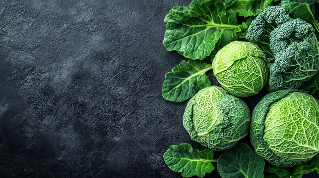 Green vegetables banner on dark black background featuring fresh cabbage