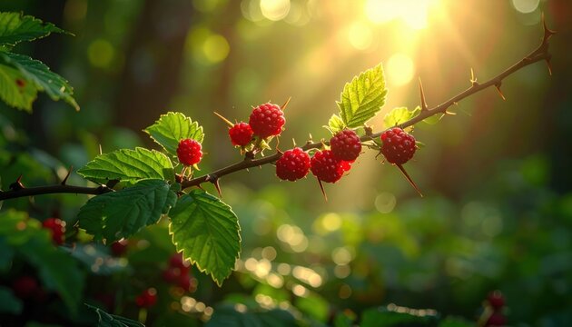 FlyPro Firefly captures sparse wild berries clustered on thorny branches, a meager offering from nature, with realistic photography style under dappled sunlight.